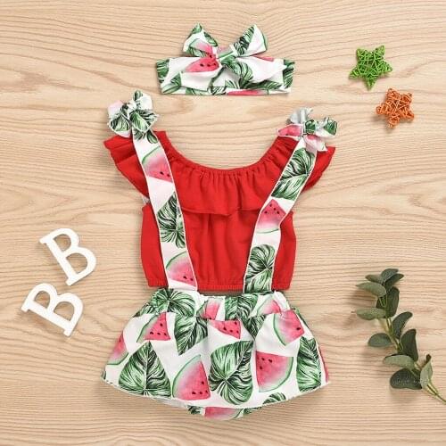 40# Kids Clothes Girls Solid Color Ruffled Sleeveless Top T-shirts + Fruit Peach Watermelon Print Overalls + Headband Set