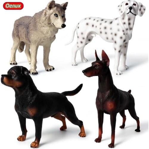 Oenux Lifelike Doberman Pinscher Animal Simulation Rottweiler Dalmatian Guard Dog Action Figures Gray Wolf Pvc Model Toys Gift