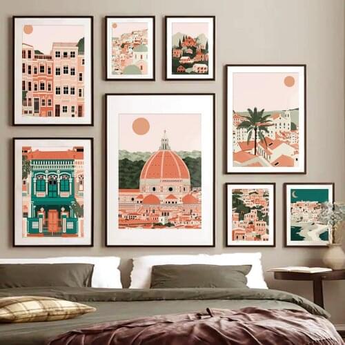 City Building Tower Sun Sea Forest Palm Wall Art Canvas Painting Nordic Posters And Prints Wall Pictures For Living Room Decor