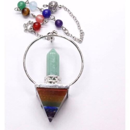 Trendy-beads Silver Plated Natural Green Aventurine Hexagon Colorful Pyramid Healing Chakra Pendulum Pendant With Circle