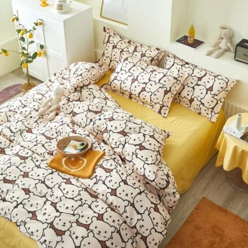 Cartoon Style Cute Bear Printed Bedding Set Duvet Cover Girl Boy Kid Bed Cover Set Flat Sheet Pillowcase Bedclothes