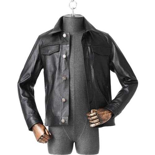 Spring Autumn Fashion Top Layer Cowhide Jacket Mens Pure Leather Coat Outdoor Sport Labor Travel Riding Hunting Lapel Fit Short