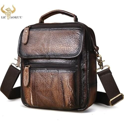 New Bull Cow Leather Male Retro Coffee Tote Messenger bag Design Satchel Crossbody One Shoulder bag 9" Tablet Pouch For Men 038