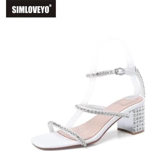 SIMLOVEYO Rhinestone Woman Shoes For Wedding Genuine Leather Buckle Fashion 2021 Summer Women Sandals Party High Heels Crystal