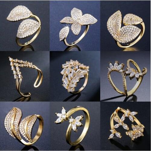 UILZ Fashion Big Leaf Rings With CZ Pave Setting Flower Design Open Adjustable Jewelry For Party Accessories UR2034