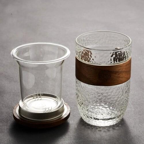 Vintage Glass Cup Insulated Filter Tea Cup Infuser Wooden Lid Creative Water Mug Ripple Bicchieri Vetro Acqua Wood Glass AC50GC