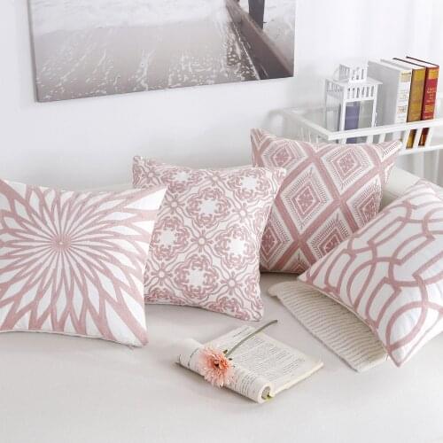 Embroidered flower cotton linen pink cushion cover water proof decorative pillow cases