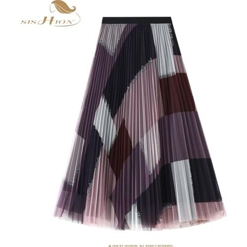 SISHION Korean Style 2021 Geometric Print Y2K Skirt VD1702 Women Purple Black Blue Long Midi Length Tulle Pleated Skirt