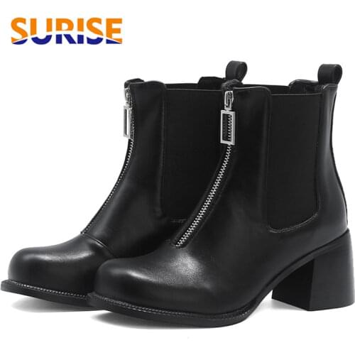 Plus Size Women Chelsea Boots Black 6cm High Square Heel Round Toe Zipper Short Ankle Boots Retro Winter Warm Plush Ladies Shoes