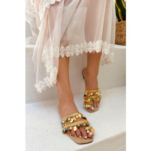 Womens Gold Chain Detail Sequins Slippers-19