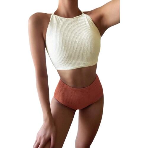2 pieces Womens Solid Color Simple Style Bikini Suit Backless Bandage Casual High Neck Halter Tops with Triangle Bottoms