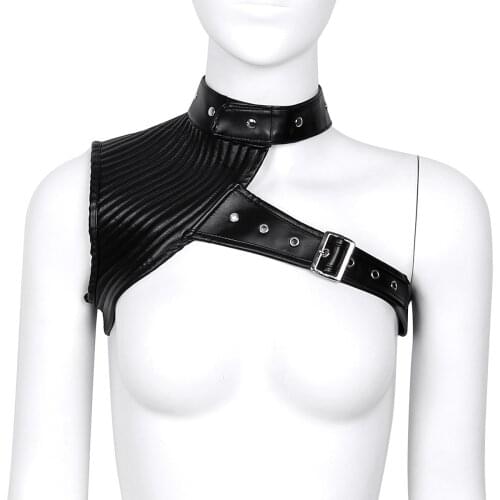 Women Black Faux Leather Halter Crop Top One Shoulder Adjustable Steampunk Gothic Chest Harness Belt Sexy Corset Bustier