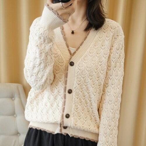 2021 Latest Autumn Winter Women Female V-Neck Knit Sweater Cardigan Coat Hollow Out Soft Warm Fashion Casual Korean Knitted