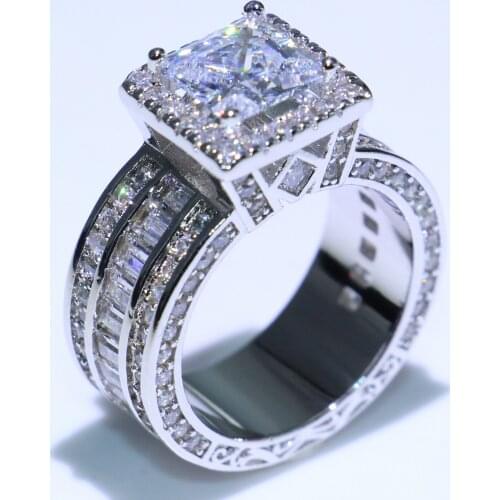 Rulalei Luxury Jewelry 925 Sterling Silver Princess Cut 5A Cubic Zirconia Eternity Women Wedding Bridal Ring Gift Size 5-10