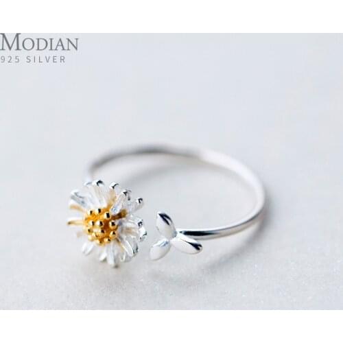 Modian Cute Tiny Daisy and Leaves Genuine Sterling Silver 925 Ring for Women Fashion Open Adjustable Plant Ring Fine Jewelry