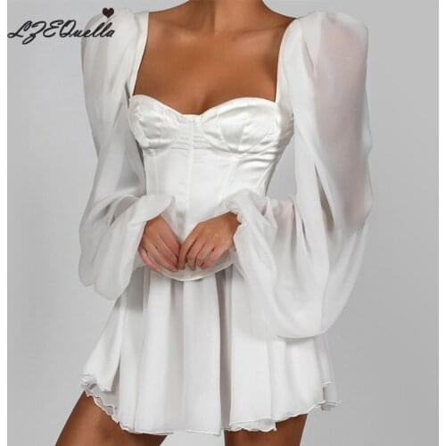 LZEQuella Sexy Slash Neck Women Summer Dress White Mesh Lace Chiffon Long Sleeve Mini Party Dress Ruffles Elegant Clothes 2021