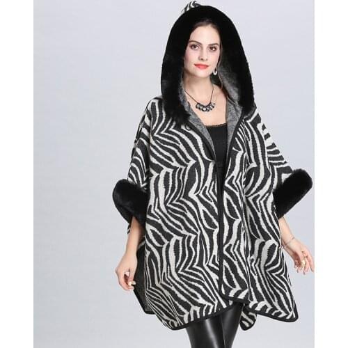 SWONCO Crochet Poncho Women Cape With Hood Fur Faux Fox Fur Cape Coat Women Winter 2019 New Female Casual Winter Cloak Black
