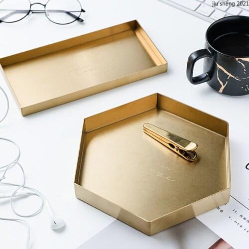 European-style Golden Rectangular Storage Tray Luxury Iron Hexagonal Food Teacup Cosmetic Storage Tray Large Cake Display Stand