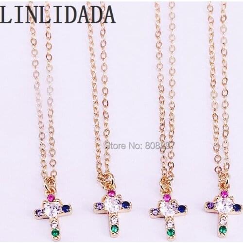 10Pcs Fashion Rainbow Cubic zirconia micro pave cross Pendant Necklace, Gold color Charms Jewelry