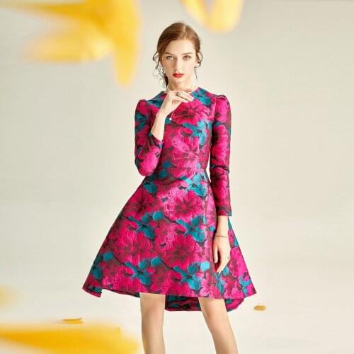 2021 Spring Autumn Women Dobby Floral Irregual Dress , Fall Woman Clothes High Waisted 3/4 Sleeve Elegant Flower Dresses