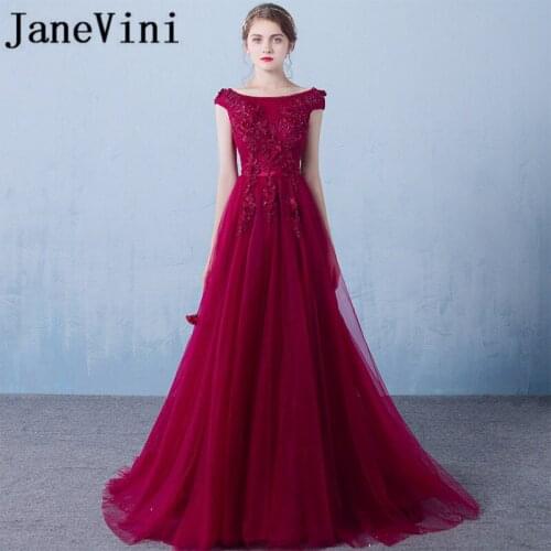 JaneVini 2018 Burgundy Long Evening Dress A Line Scoop Neck Lace Appliques Beaded Tulle Mother of the Bride Dresses Sweep Train