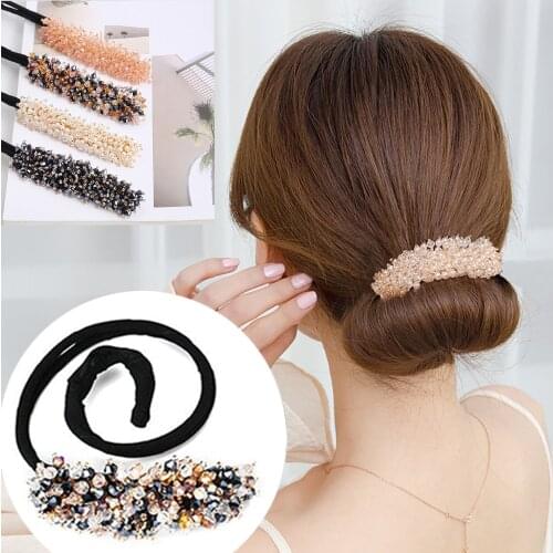 Elegant Rhinestone Glass Hair Bun Hair Scrunchies Flower Women Ladies Beads Magic Hair Curler DIY Twist Donuts Hair Maker Tools