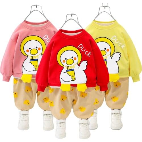 Toddler Cartoon DUCK Autumn Boys Girls Clothing Set Cute Pure Cotton Blouse + Pants 2Pcs Fashion Kids Christmas Birthday Present