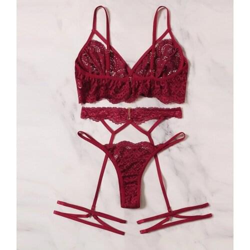 Women Brief Set Lace Hollow Sexy Lingerie Garter Perspective Erotic Underwear Porno Sexy Lenceria Sensual Mujer Bra Set Panties