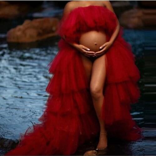 Red Strapless Maternity Gowns for Photography High Low Women Long Dresses Photo Shoot Birthday Party Bathrobe Sleepwear Wrap