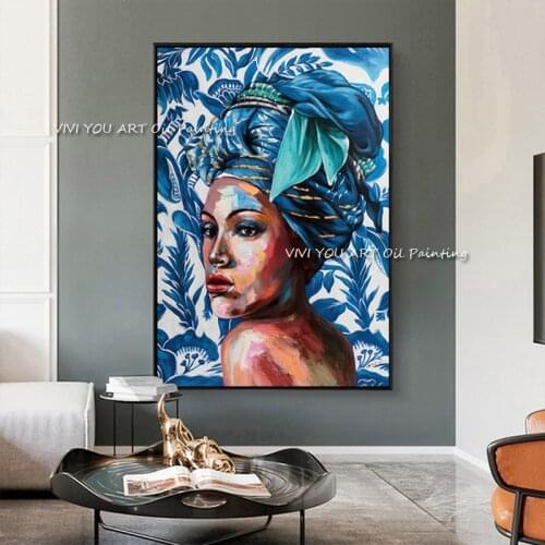 The Hot Selling Handpainted Traditional Woman Face Figure Oil Paintings On Canvas Pictures Charming Girl Blue Decor Wall Art