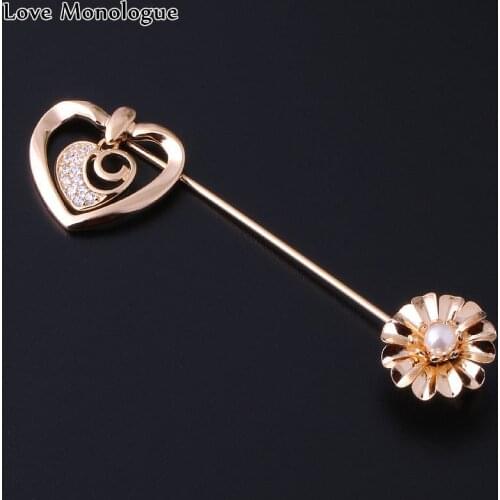 Love Monologue Trendy Simulated Pearl Cubic Zirconia Yellow Gold Color Heart Brooches Pins Christmas Gift X0080 Box Packing