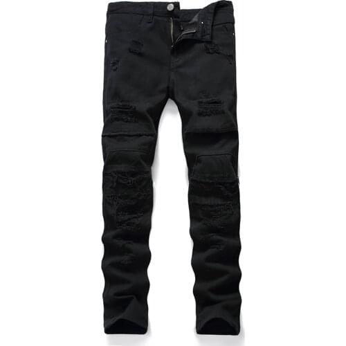 Fashion zipper skinny denim jeans for men plus size trousers elasticity damaged knee pad torn design large size