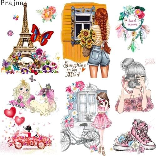 Prajna Cartoon Girl Applique Iron-On Transfers For Clothing Stickers Fashion Butterfly Thermal Heat Transfer For Kids Clothes