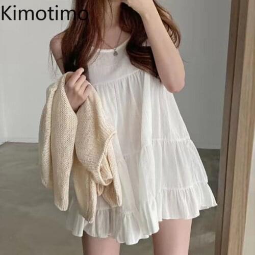Kimotimo Solid Sleeveless Dress Women Korean Summer Minority Age Reduction Loose Ruffles Chiffon Mini Vest Dresses All-match