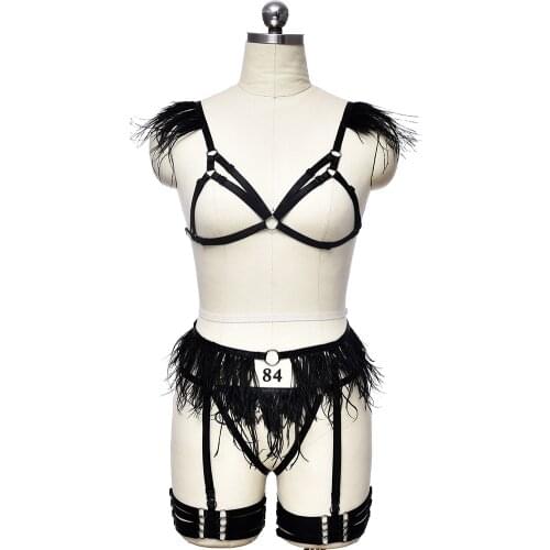 Black Feather Garter Sexy Body Harness Cage Set Gothic Rave Pole Dance Harajuku Sexy Lingerie Women Body Bandage Top Cage Bra