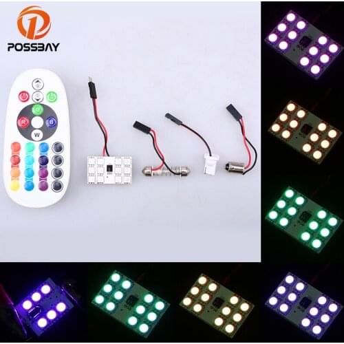 POSSBAY 12/15/24/36SMD 5050 Colorful RGB LED Panel Car Reading Map Lamp Bulb Light Dome Festoon with Remote Controller