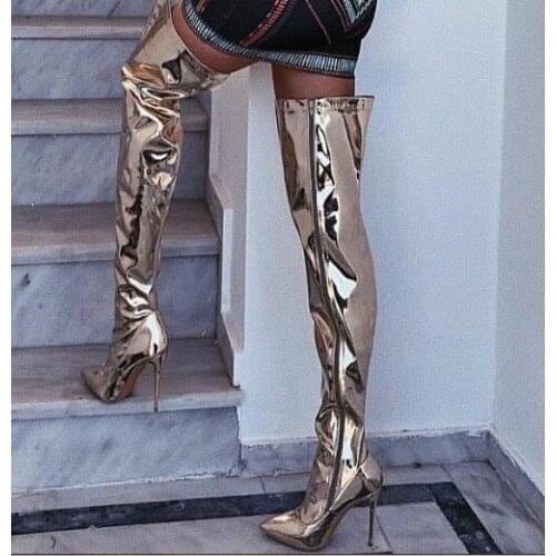 Luxury Mirror Leather Over The Knee Boots Pointed Toe Zipper Tight High Boots High Heels Winter Fashion Banquet Dress Shoes