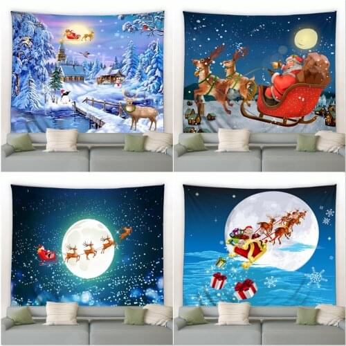 Christmas Tapestry Santa Claus Snowman Christmas Balls Psychedelic Moon XMAS Background Wall Hanging Tapestries Holiday Blanket