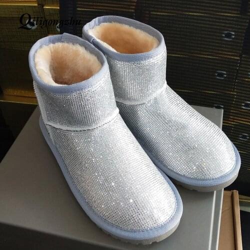 Crystal Winter Boots Women Shoes Warm Plush Ankle Boots Female With Fur Crystal Snow Boots Cow Suede Fashion Women Shoes 2018