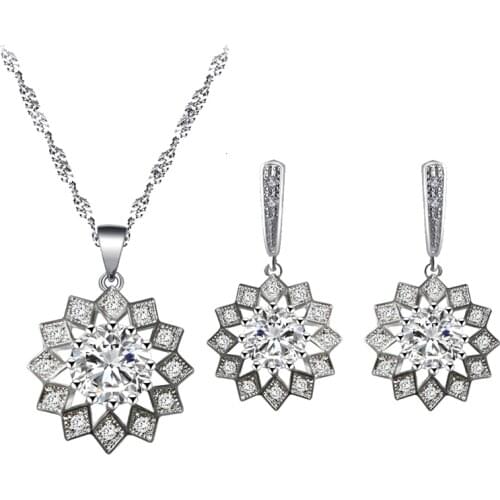 Simple design silver plated white zircon earrings necklace pendant jewelry set classic wedding gift JS830