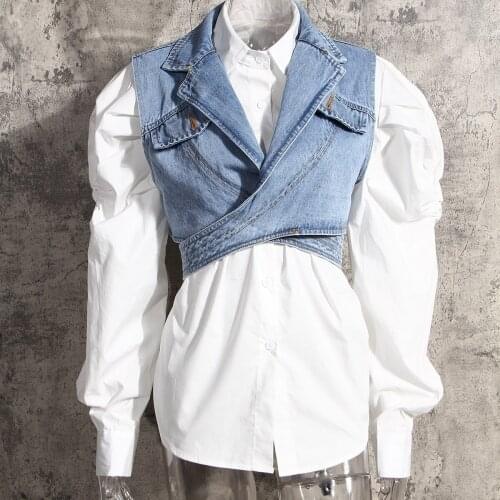 Street Casual Criss-Cross Short Denim Vest + Puffy Long Sleeves Loose White Shirt Fashion Women Twinset Tops