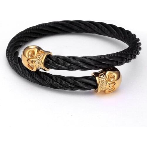 Vintage Open Cuff Skeleton Charm Bracelets Male Braided Stainless Steel Skull Bangle & Bracelet Men Women Fashion Jewelry