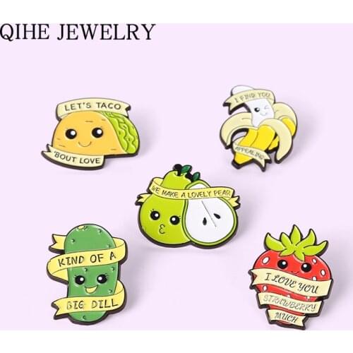 Funny Hilarious Fruit Enamel Pin Food Pun Jokes Brooches for Women Pear Dill Taco Badge Backpack Metal Jewelry Gift Wholesale
