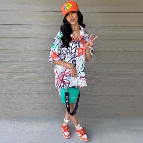 Graffiti Printing Womens Blouse and Shirts Summer Half Sleeve Turn Down Collar Straight Tops Hipster Single-breasted Bluses