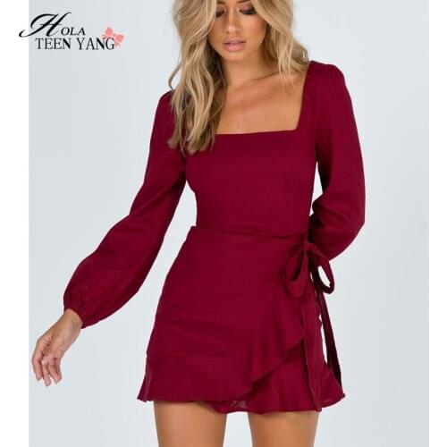 Women Square Collar Irregular Ruffle Mini Dress High Waist Bandage Lantern Sleeve Casual Dress Vintage Solid Red Autumn Vestidos