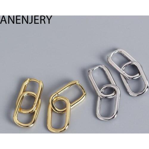 ANENJERY 925 Sterling Silver Geometric Oval Hoop Earrings For Women Simple Metal Style Detachable Earrings For Women S-E1412