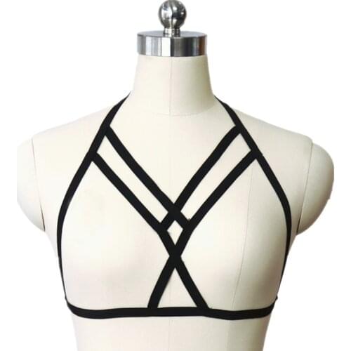 Sexy Alluring Women Cage Bra Elastic Cage Bra Strappy Hollow Out Bra Bustier harness Belt Vest Crop Tops Black