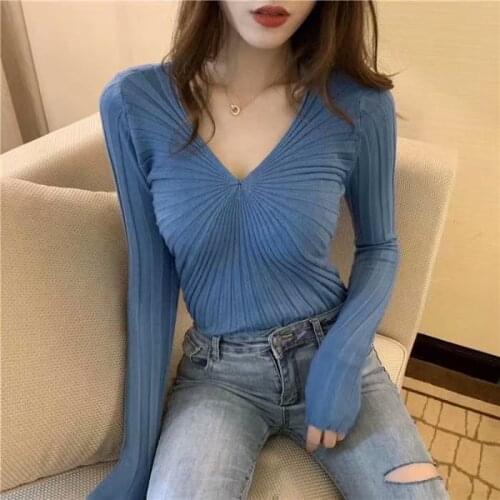 Autumn New Arrival Inner Pullover Shirt V Neck Sexy Long Sleeve Women Thin Sweater ONE SIZE 2020
