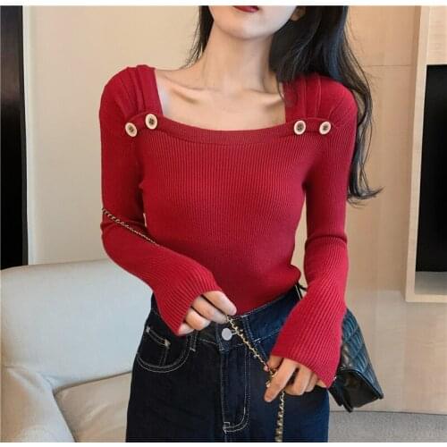 Temperament Square Collar Fall Knitted Pullovers Women New Button Decoration Outerwear Sweater Soft Warm Slim Autumn Jumpers