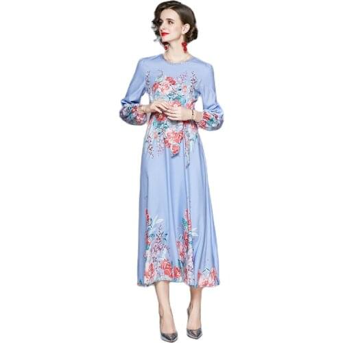 Boho Floral Print Midi Dress Womens High Quality Spring Autumn Long Sleeve Flower Elegant High Waist Dresses Female Plus Size